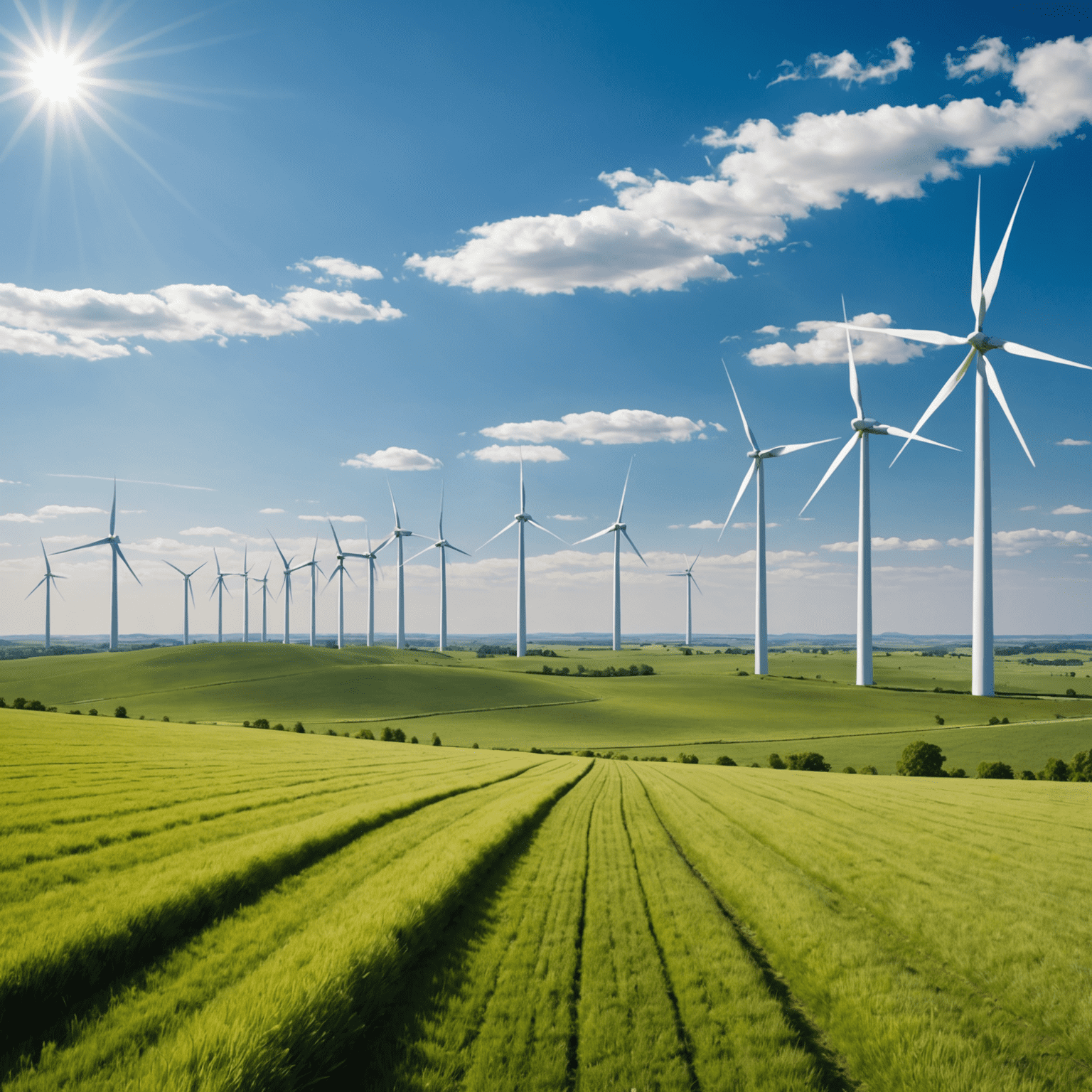 A scenic view of a wind farm with numerous wind turbines generating clean energy in a vast open field on a sunny day