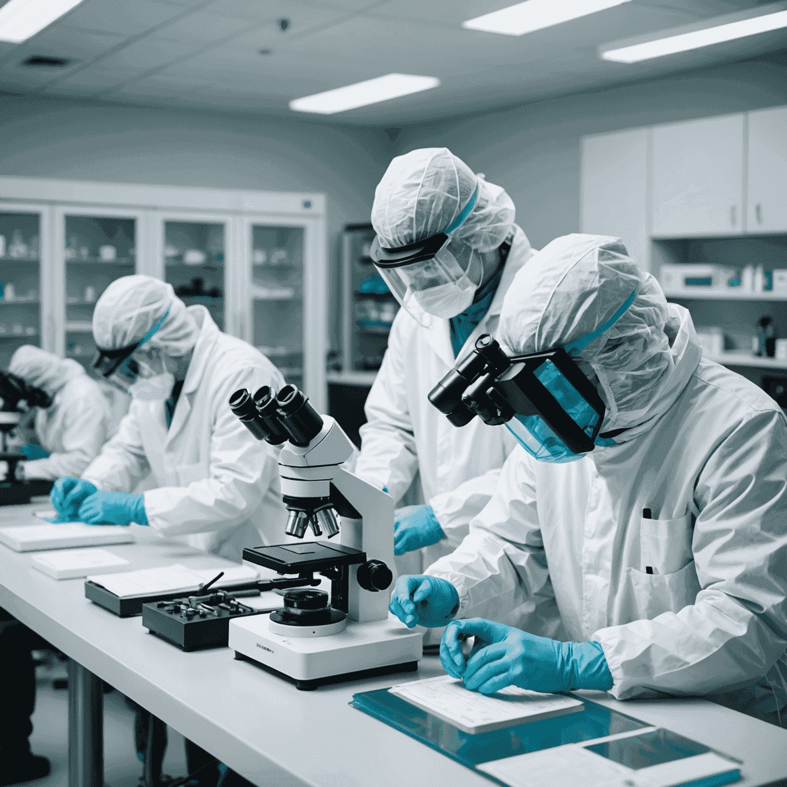 A modern biotechnology research laboratory with scientists in protective gear working with advanced equipment and analyzing samples under microscopes. The lab has a sterile and high-tech appearance.