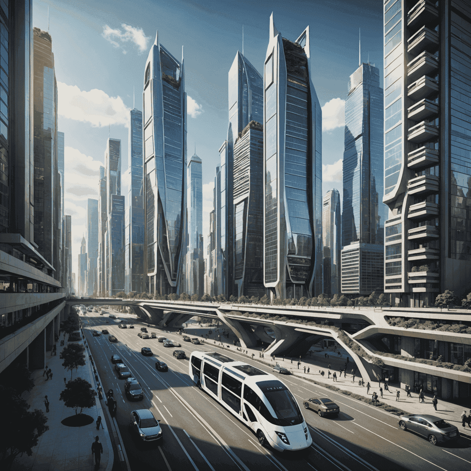 A futuristic cityscape with advanced technology integrated into buildings, transportation, and infrastructure